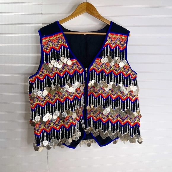 Blue Trim Hmong Men Nplai Coin Vest 48 - Picture 1 of 7